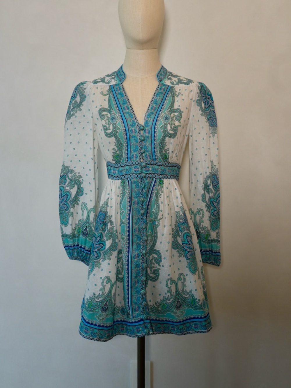 Zimmermann White Dress with Teal and Turquoise Paisley Trim